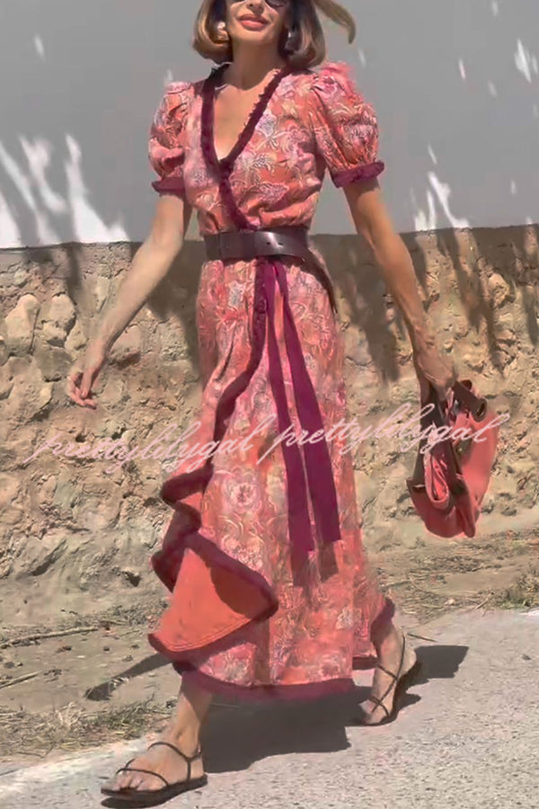 Bohemian Floral Print Elegant Puff Sleeve Holiday Maxi Dress