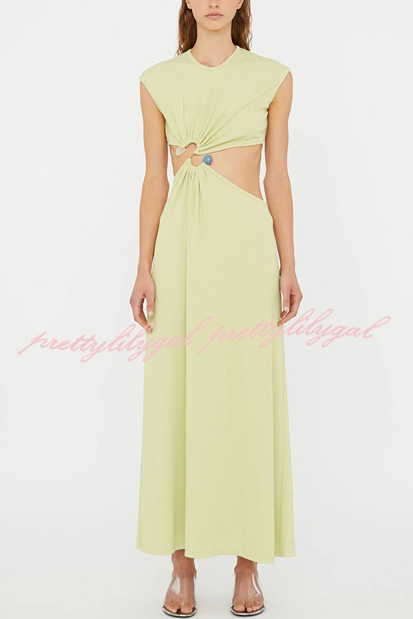 Eye-catching Ribbed Knit S-buckle Hardware Cutout Waist Maxi Dress