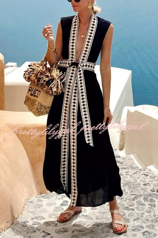 Fashionable Lock-edge Printed V-neck Lace-up Holiday Cover-up Robe