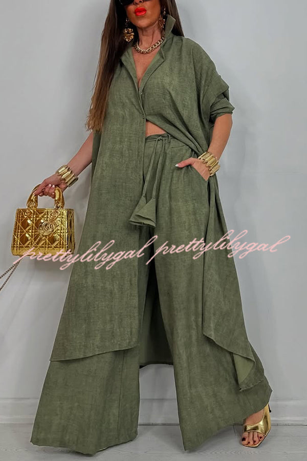 Solid Color Casual Loose Long Shirt and Elastic Waist Pocket Wide Leg Pants Set