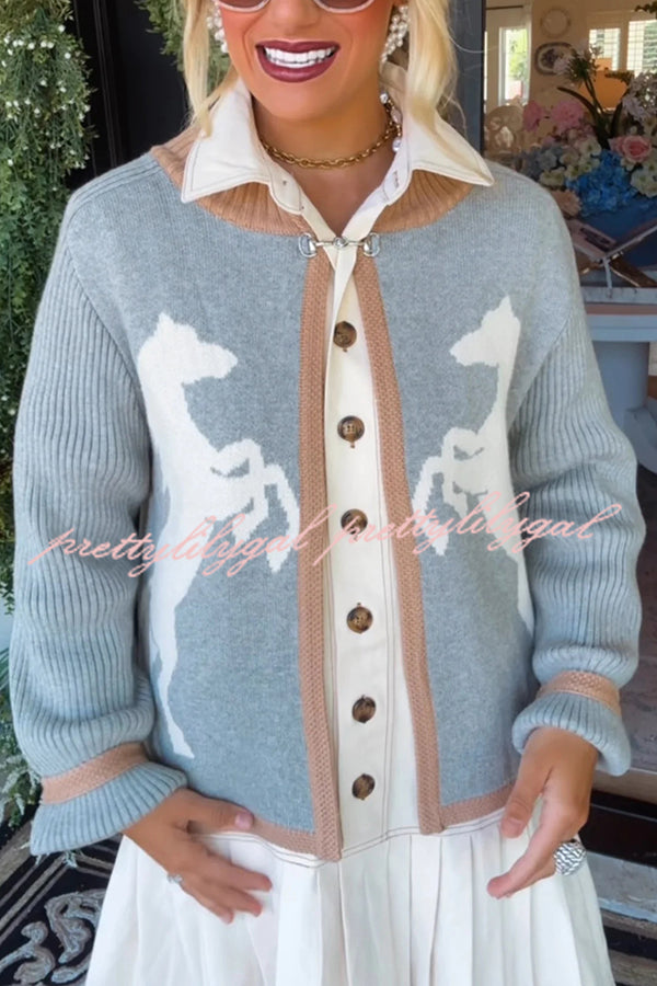 Stylish White Horse Pattern Casual Long-sleeved Knitted Cardigan