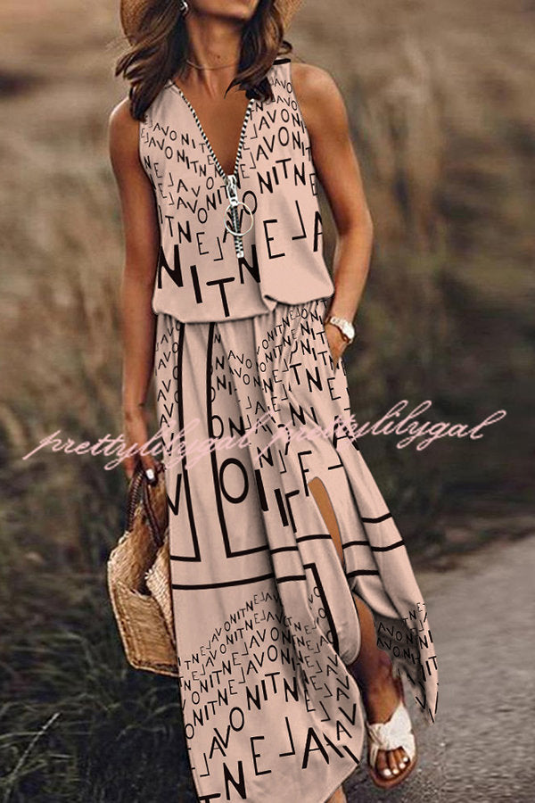 Fashion Modern Letter Print Zipper Neck Daily/Vacation Maxi Dress