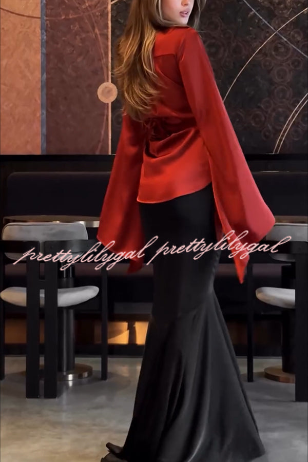 Jenny Satin High Rise Elastic Waist Flare Maxi Skirt