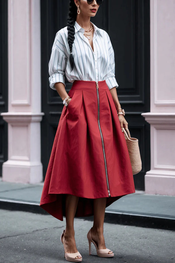 Effortless Charm Front Zipper Detail Pocketed High Low Pleated Midi Skirt