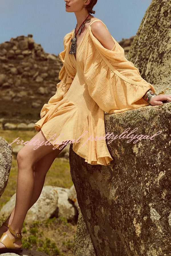 Anita Cold Shoulder Ruched Balloon Sleeve Pleated Hem Loose Mini Dress