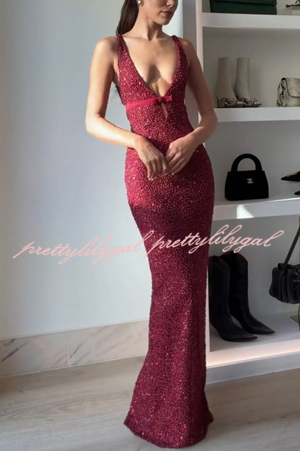 Festival Shines Sequin Beaded Mesh Bow Cutout Detail Slit Maxi Dress