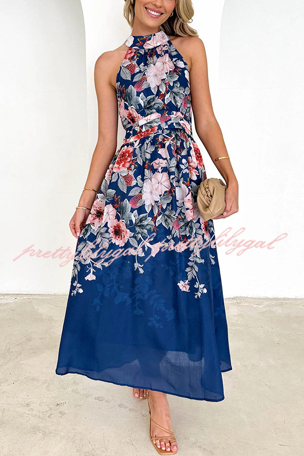 Floral Print Halterneck Tie Zip Smocked Maxi Dress