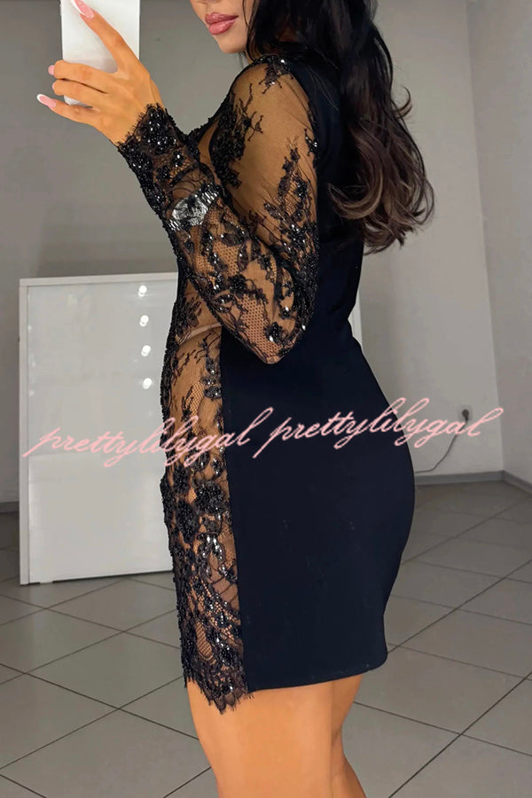 Cocktails First Floral Sequin Bead Patchwork Long Sleeve Mini Dress