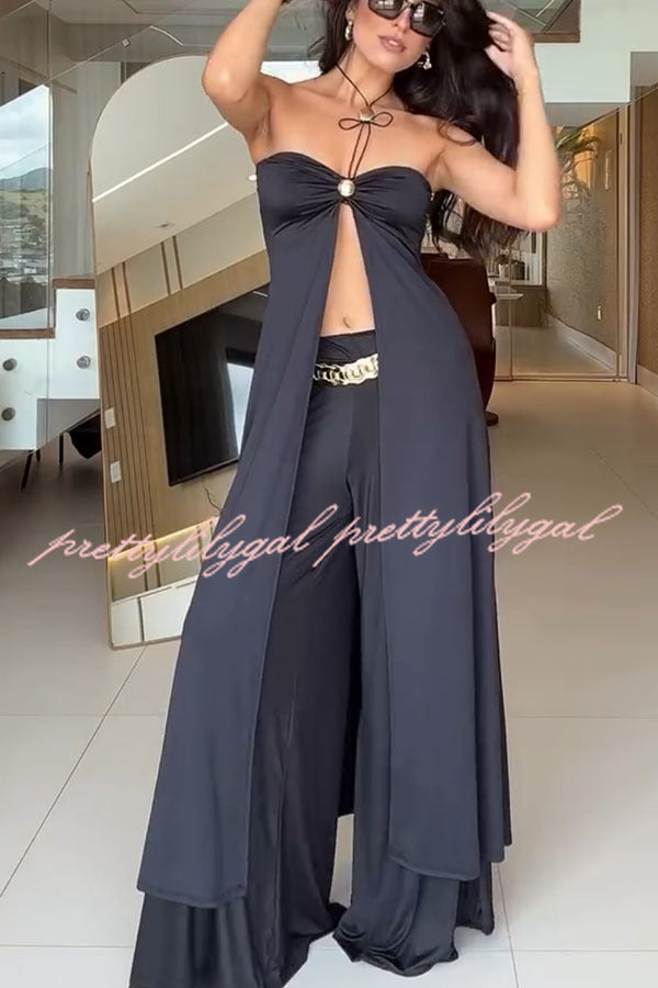 Stellah Golden Details Front Slit Midi Tube Top and Elastic Waist Wide Leg Pants Set