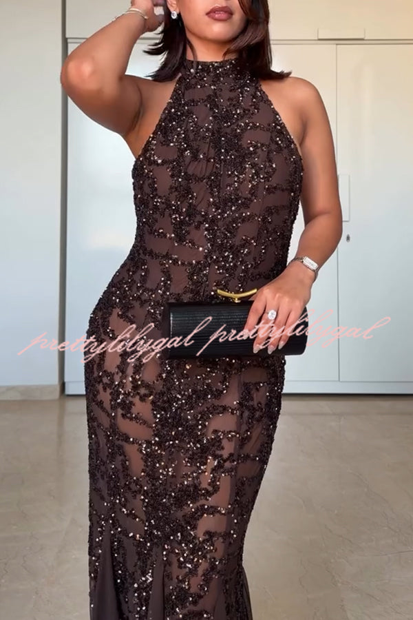 Twilight Gleam Sequin Textured Tulle Hem Halter Backless Maxi Dress
