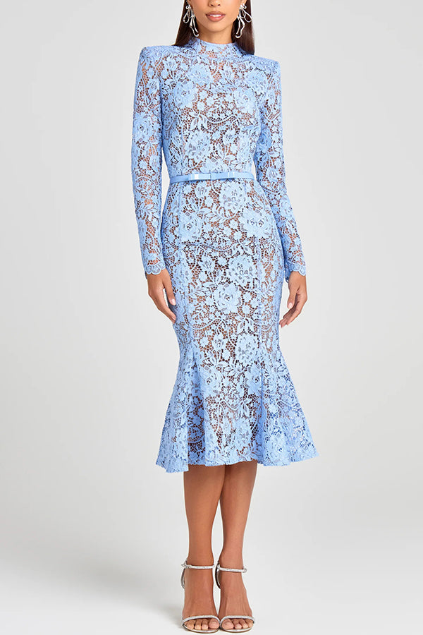 Feminine and Elegant Flower Lace Long Sleeve Bow Belted Flare Midi Dress