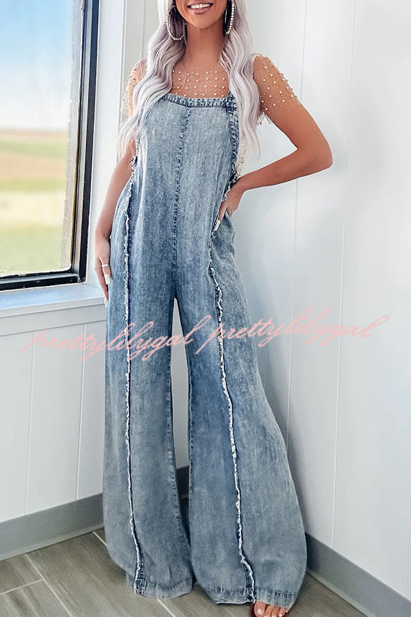 Vintage Washed Denim Raw Edge Elastic Waist Wide Leg Jumpsuit