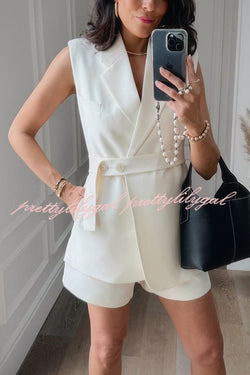 Luiza Detachable Button Belt Lapel Vest and High Rise Pocket Loose Shorts Set
