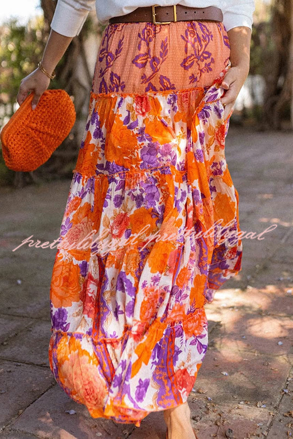 Resort Style Floral Print Elastic Waist Loose Stitching Maxi Skirt