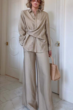 Juliette Cross-front Button Up Long Sleeve Shirt and Elastic Waist Pocket Loose Pants Set