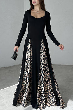 Marino Panelled Leopard Tulle Square Neck Long Sleeve A-line Maxi Dress