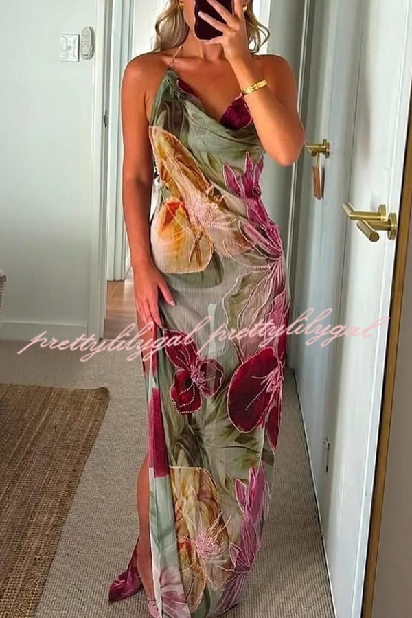 Floral Print Sexy Backless Slit See-Through Holiday Maxi Dress