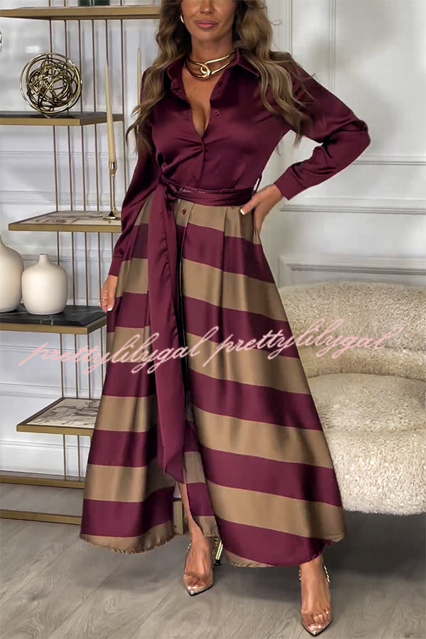 Lindsey Satin Colorblock Contrast Long Sleeve Belted Shirt Maxi Dress