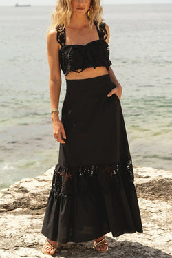 Summer City Hollow Lace Crop Tank and Elastic Waist Pocketed A-line Maxi Skirt Set