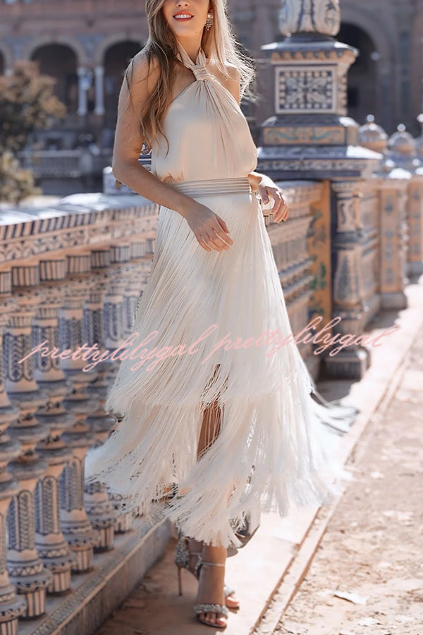 Elegant Tassel Hem Elastic Waist Casual Maxi Skirt