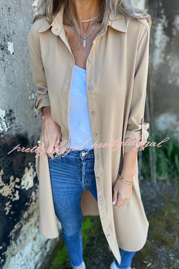 Solid Color Lapel Long Sleeve Button Casual Long Shirt