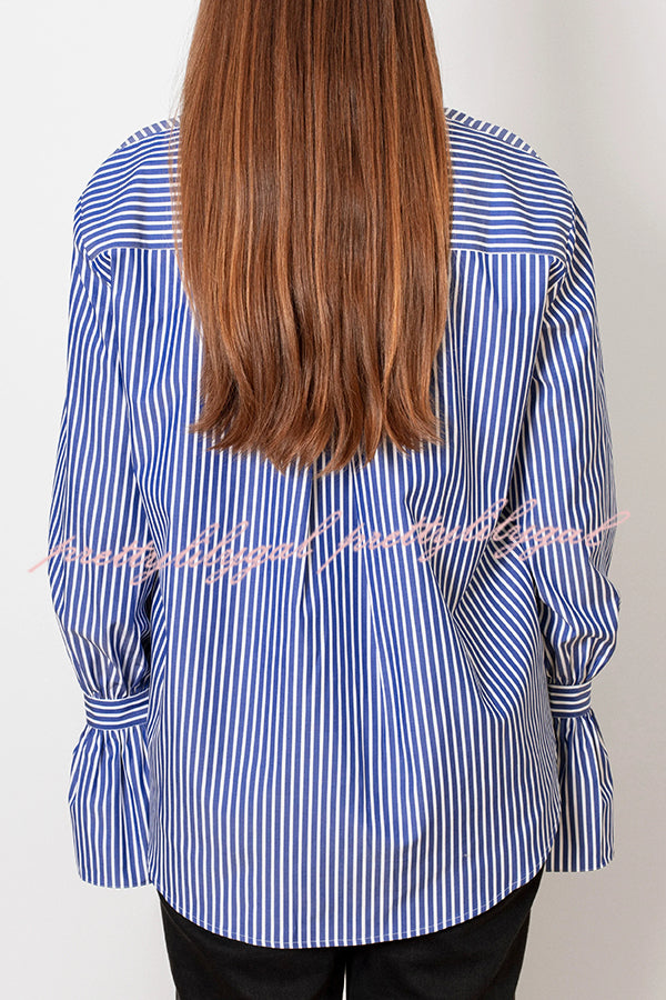 Striped Print Ruffled Long Sleeve Pockets Loose Shirt