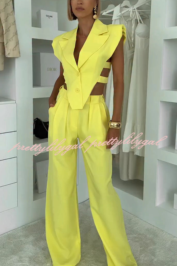 Fashion Style Lapel Waist-baring Irregular Vest and  Elastic Waist Pocket Loose Pants Set