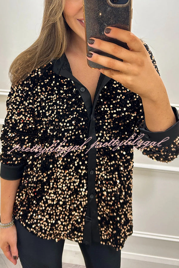 Fashion Velvet Sequined Loose Casual Long-sleeved Shirt