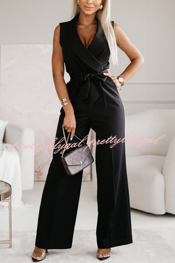 Make Your Entrance Lapel Belt Pocketed Wide Leg Formal Jumpsuit