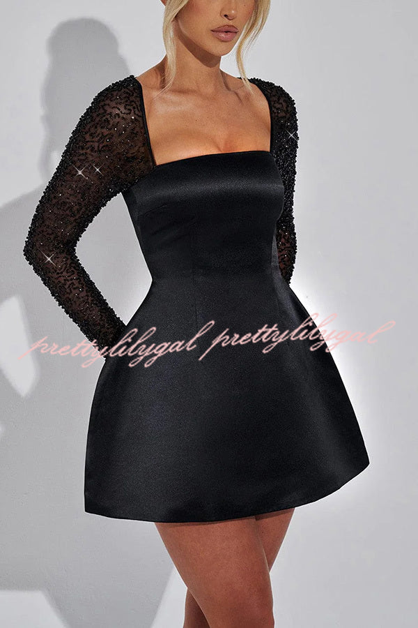 Like A Doll Sequin Long Sleeve Satin Pocketed Bubble Shape Mini Dress