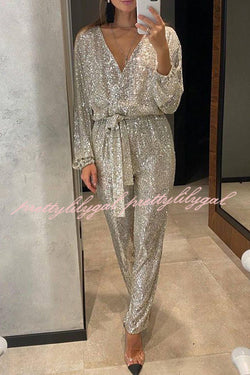 Cheers To You Sequin Long Sleeve Belted Wrap Loose Jumpsuit