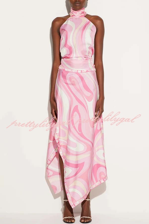 Ansela Satin Unique Print Halter Scarf Tank and Asymmetrical Maxi Skirt Set