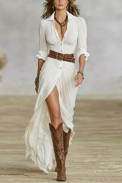 Fashion Lapel Single-breasted Waist Shirt-style Maxi Dress