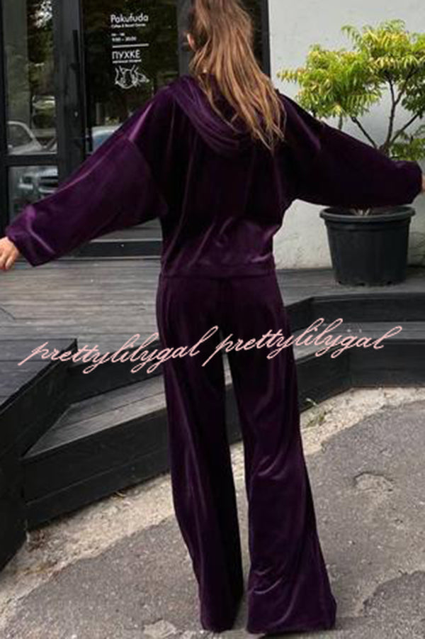 Velvet Casual Zip-up Hooded Top and Elastic Waist Wide Leg Pants Set