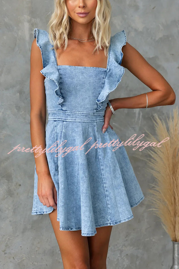 Sweet Secret Denim Square Neck Ruffle Sleeve Stretch Mini Dress