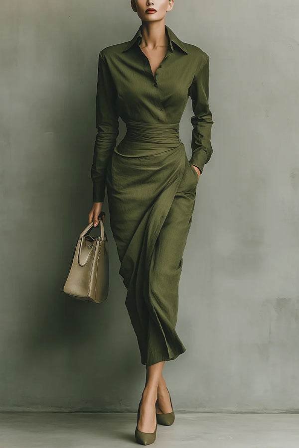 Solid Color Collared Long-sleeved Slim-fit Asymmetrical Midi Dress prettylilygal Solid Color Collared Long-sleeved Slim-fit Asymmetrical Midi Dress prettylilygal