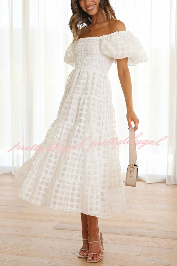 Dare To Dance Square Pattern Fabric Smocked Puff Sleeve Midi Dress