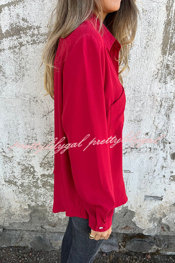 Solid Color Lapel Button Pocket Casual Long Sleeve Shirt