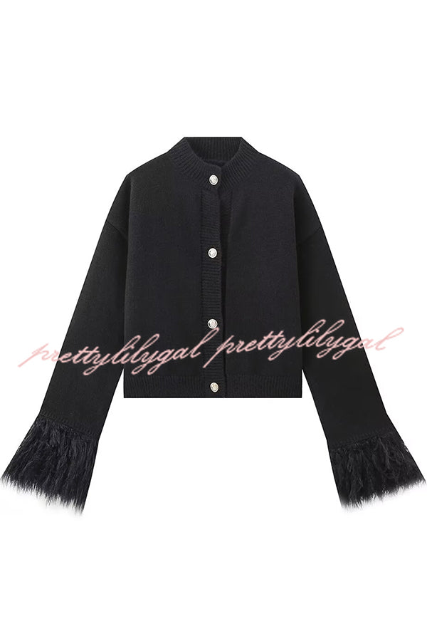 Solid Color Elegant Feather Long Sleeve Casual Knitted Cardigan