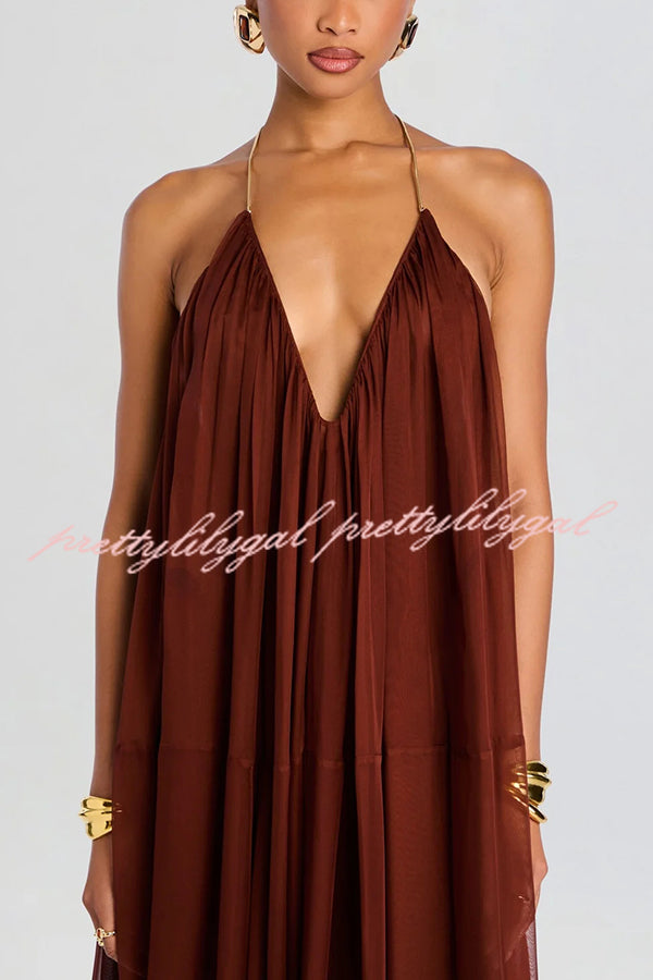 Flowing Lightweight Chiffon Chain Halter Neck Detail Backless A-line Maxi Dress