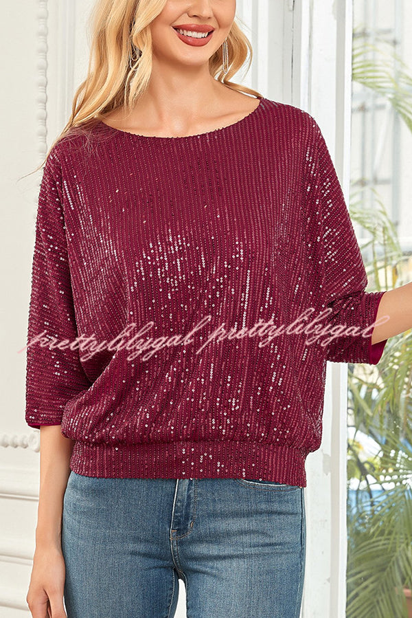 Solid Color Sequined Loose Round Neck Casual Top