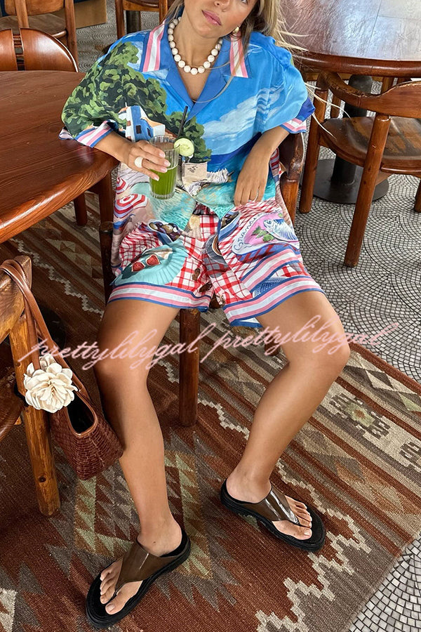 Italian Coast Unique Print Loose Button Shirt and Elastic Waist Pocket Shorts Set