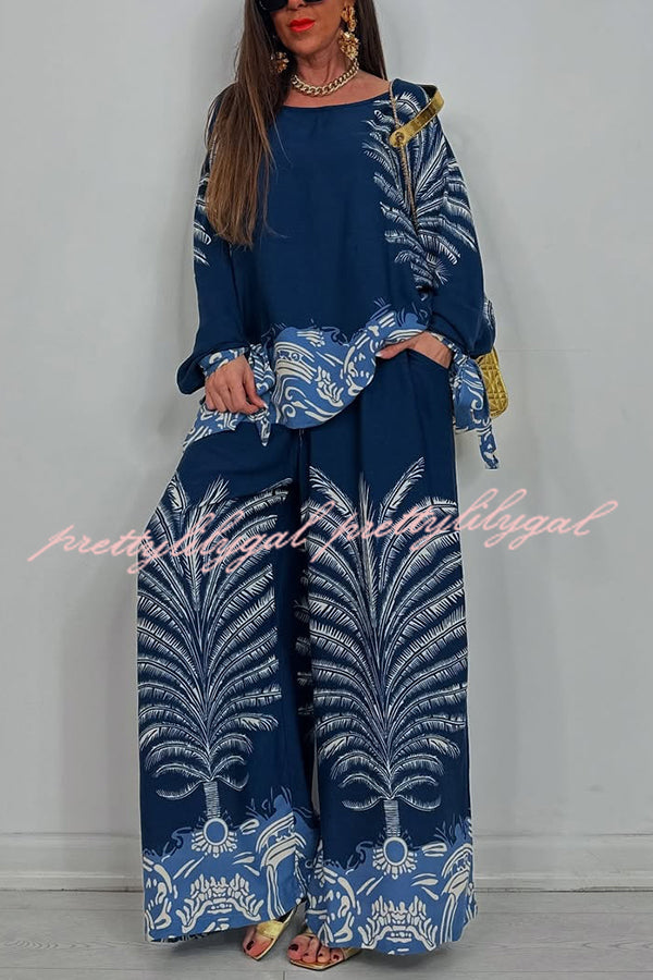 Unique Print Loose Drawstring Long Sleeve Top and Elastic Waist Casual Pocket Wide Leg Pants Set