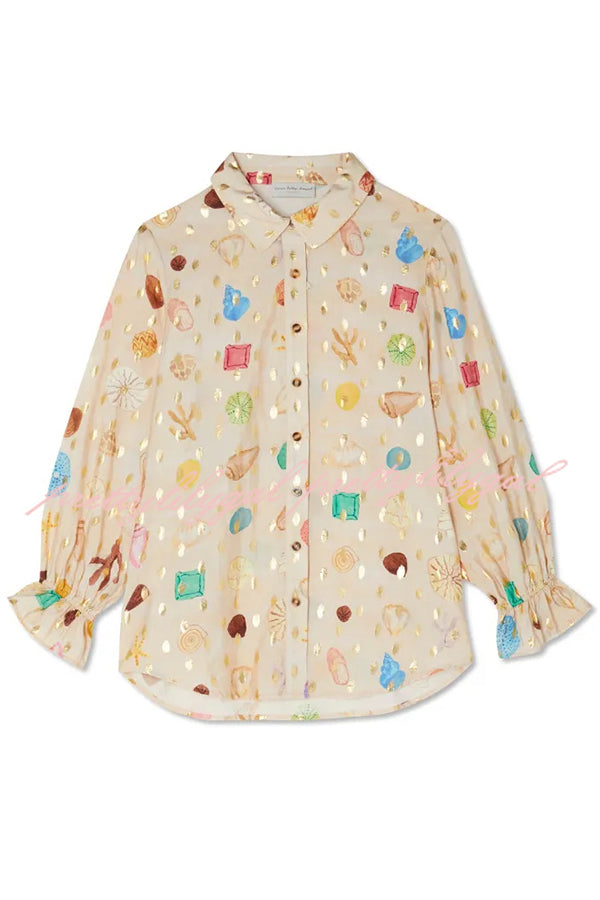 Fashionable Gold Stamping Unique Printing Lapel Long Sleeve Shirt and Elastic Waist Casual Pocket Shorts Set