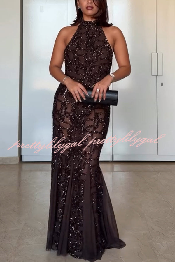 Twilight Gleam Sequin Textured Tulle Hem Halter Backless Maxi Dress