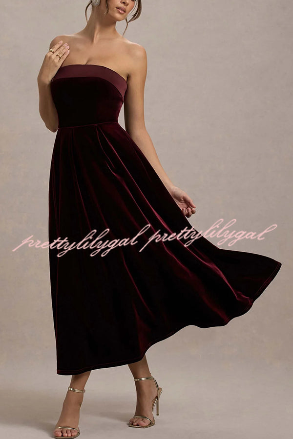 Center of Attention Velvet Satin Neck Bandeau Pleated Midi Dress