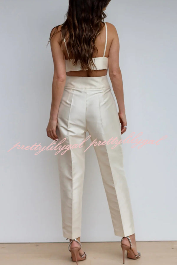 Chic Affair Satin Feather Trim Lapel Loose Blazer and High Rise Pocket Tapered Pants Set