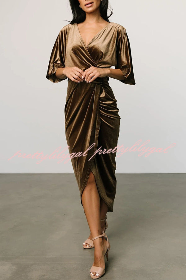 Brendy V Neck Half Sleeve Velvet Pleated Midi Dress