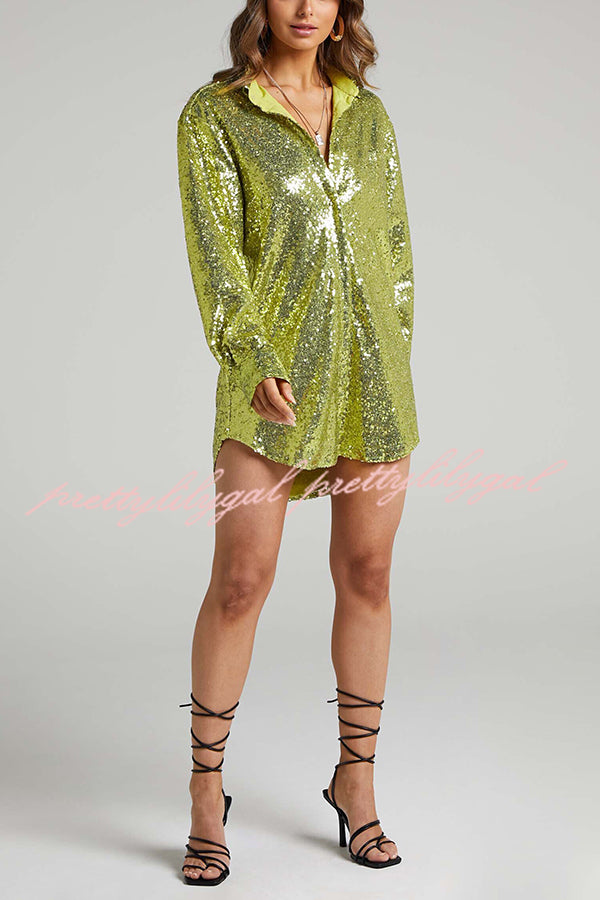 Solid Color Sequined Long-sleeved Casual Mid-length Loose Shirt