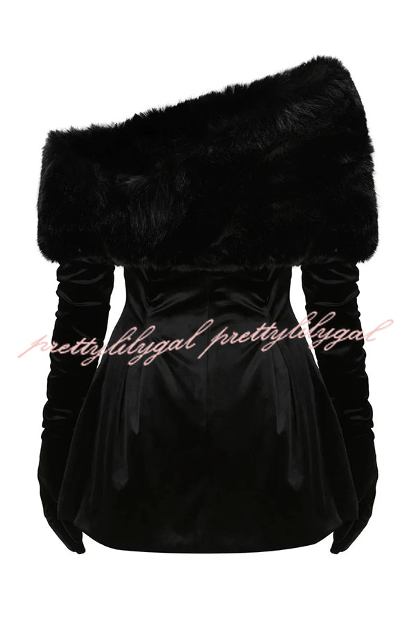 Stylish Velvet Off-shoulder Fitted Mini Dress and Fluffy Shawl, Velvet Gloves Three-piece Set